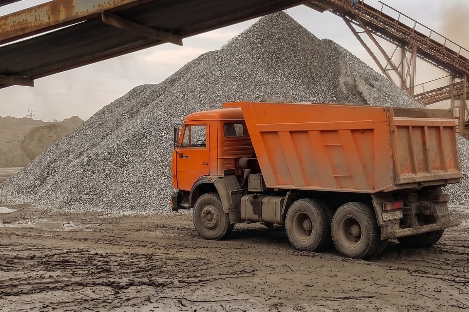 Самосвал КамАЗ под погрузкой щебня на карьере рядом с дробильно-сортировочной установкой